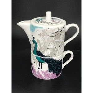 Rosanna Porcelain Teapot & Cup Set Peacock Dove Flourishes Aqua Silver Bird